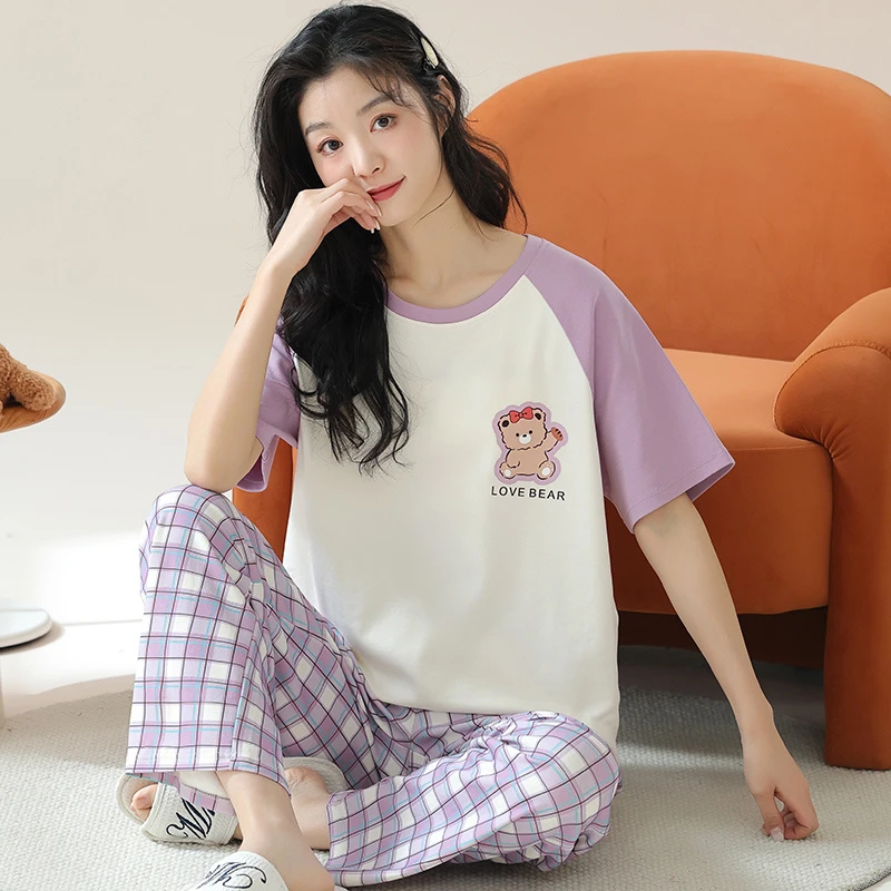 新品纯棉【快乐小熊】短袖长裤舒适家居服套装可外穿A22839