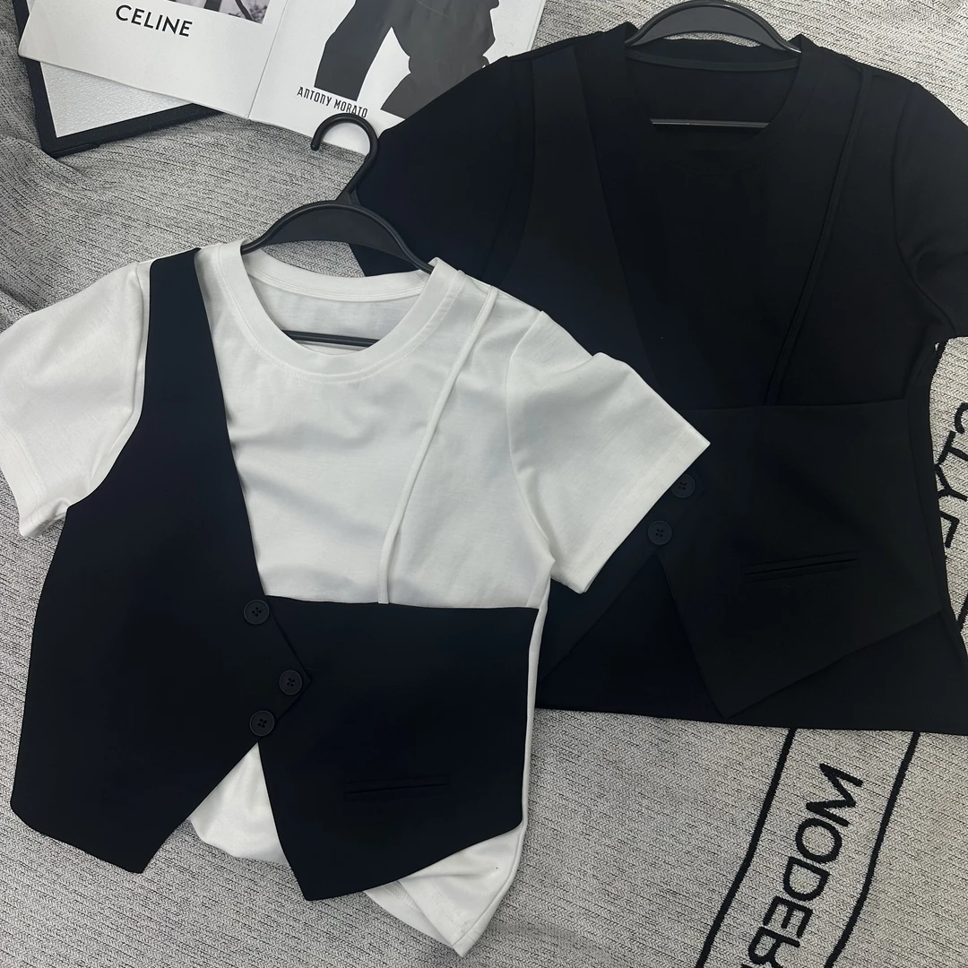 8983#夏季拼接马甲假两件上衣时尚百搭修身T恤