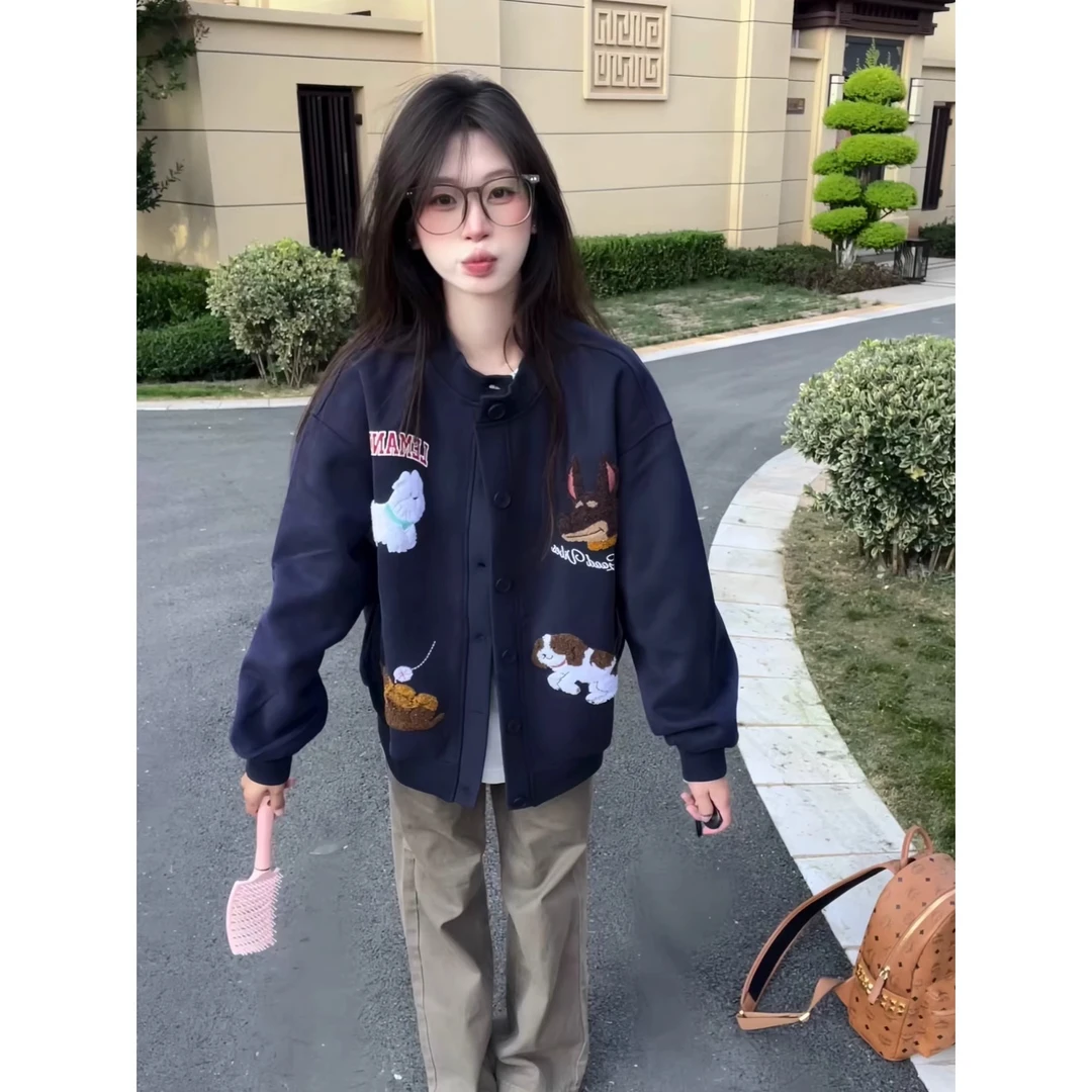 美式街头趣味狗狗毛巾绣棒球服女春秋季宽松百搭休闲开衫外套夹克