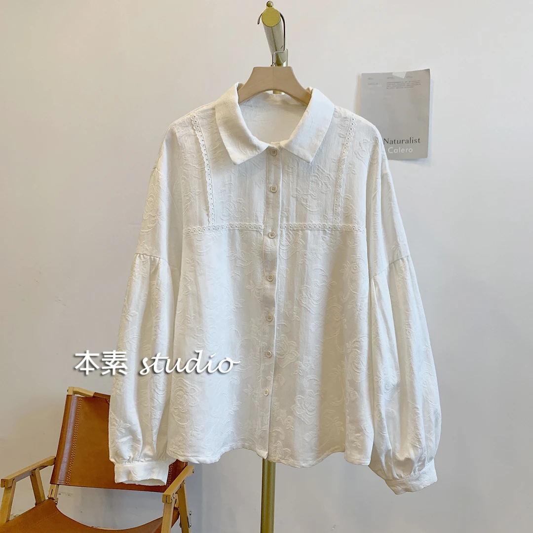 【白蔷薇】M9602提花蕾丝边全开扣翻领衬衫