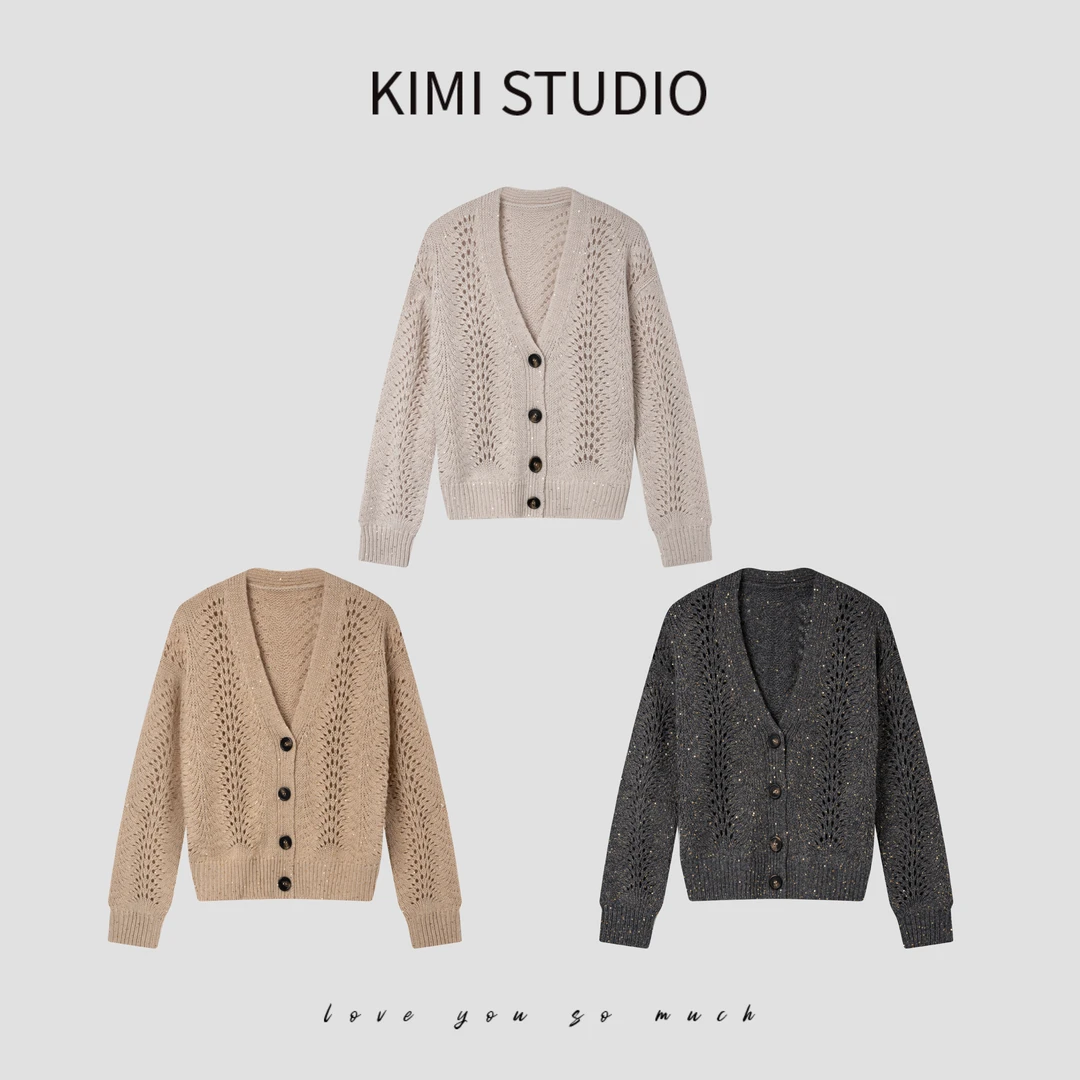 慵懒风百搭镂空毛衣高端线山羊绒亮片孔雀凤尾针织V领开衫AW25104