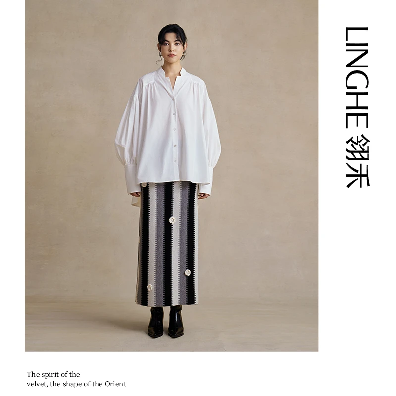 翎禾LINGHE-灯笼袖不规则宽松衬衣春秋款时