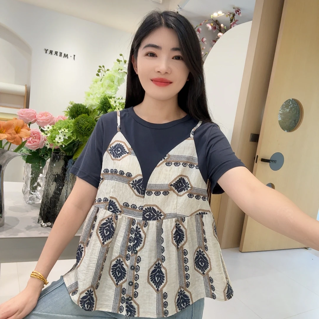 QC 253296 假两件短袖夏季新款波西米亚碎花吊带t恤