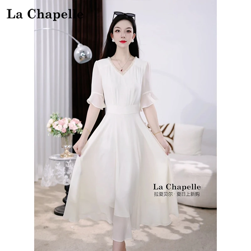 【拉夏贝尔】夏季法式设计感显瘦松紧腰短袖裙子女收腰连衣裙