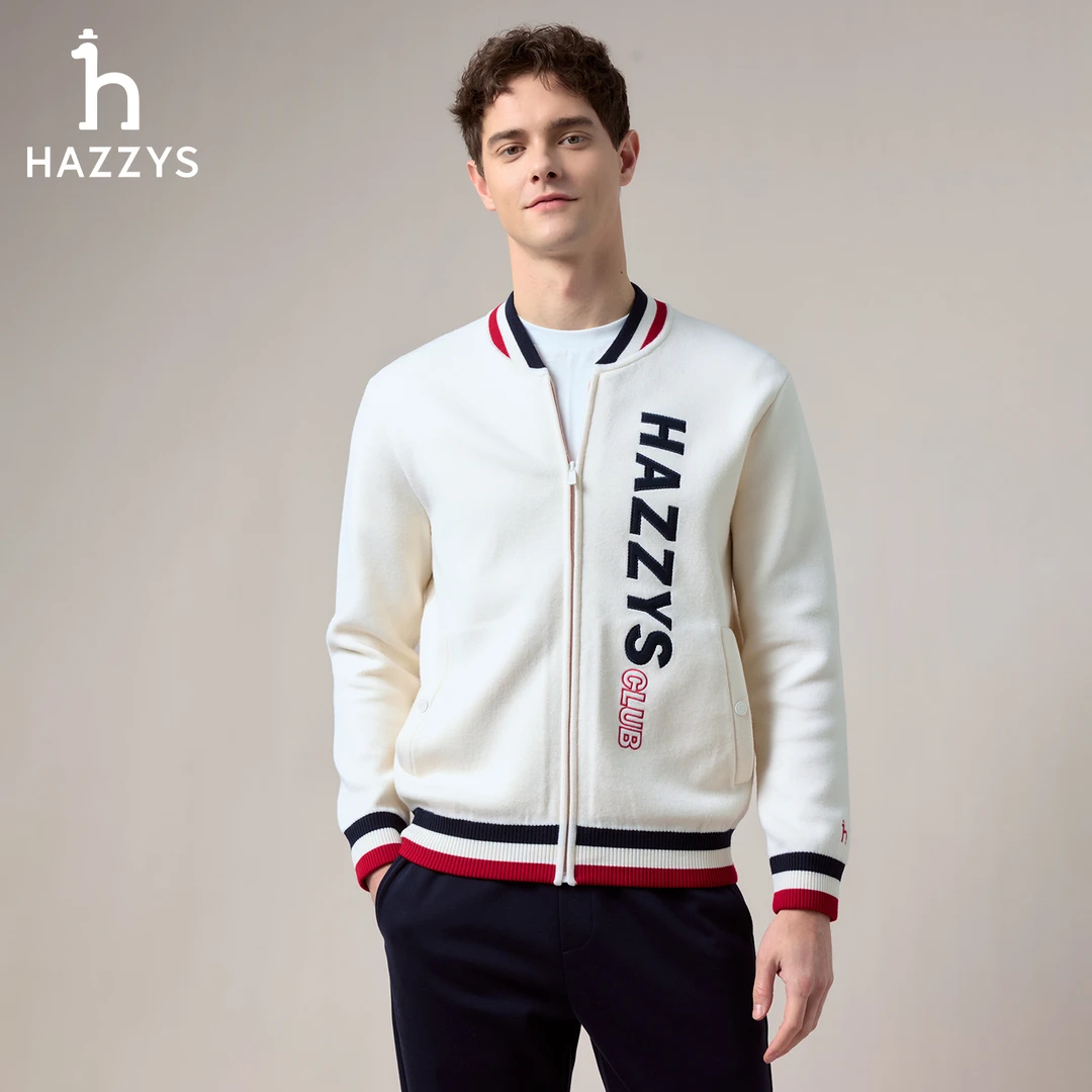 【商场同款】HAZZYS哈吉斯秋冬季男士休闲针织羊毛夹克时尚撞色外套
