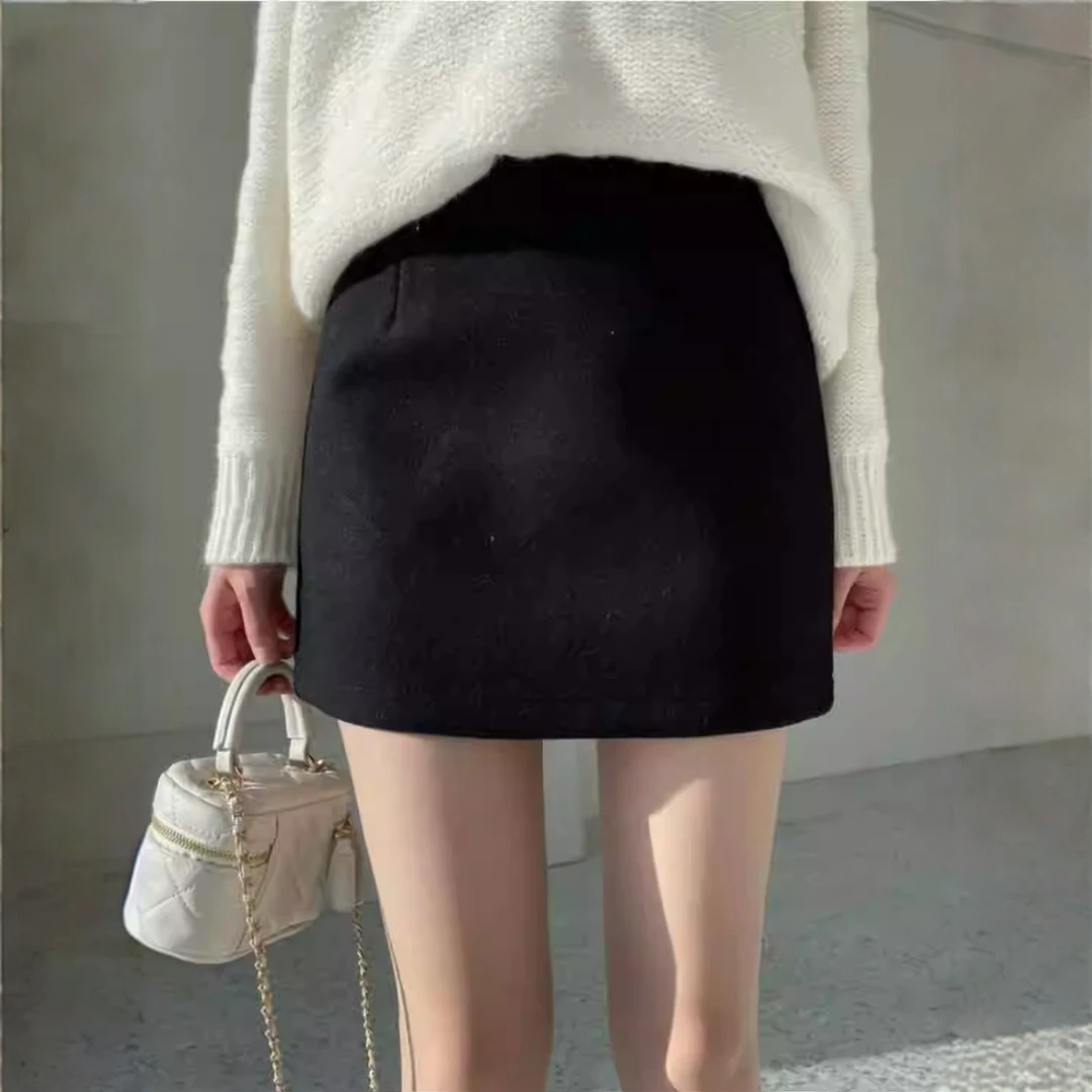 黑色毛呢短裙女春秋季韩版百搭包臀半身裙高腰显瘦修身弹力一步裙