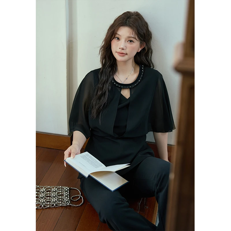周周-黑色复古休闲两件套宽松ZL105721气质套装阔腿上衣显瘦法式