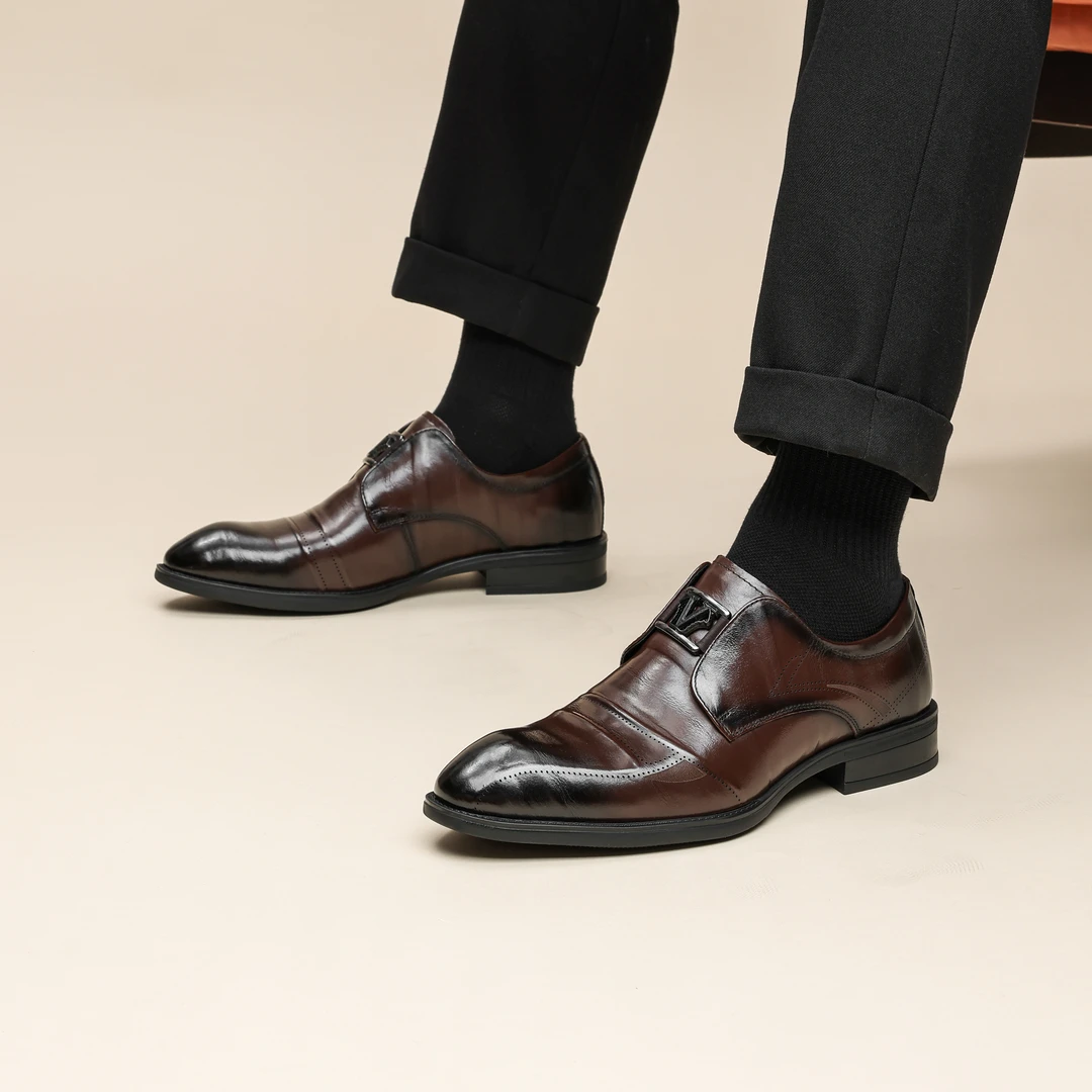 商务风皮平跟头层牛皮皮鞋男士透气休闲鞋时尚黑色真皮复古英伦风