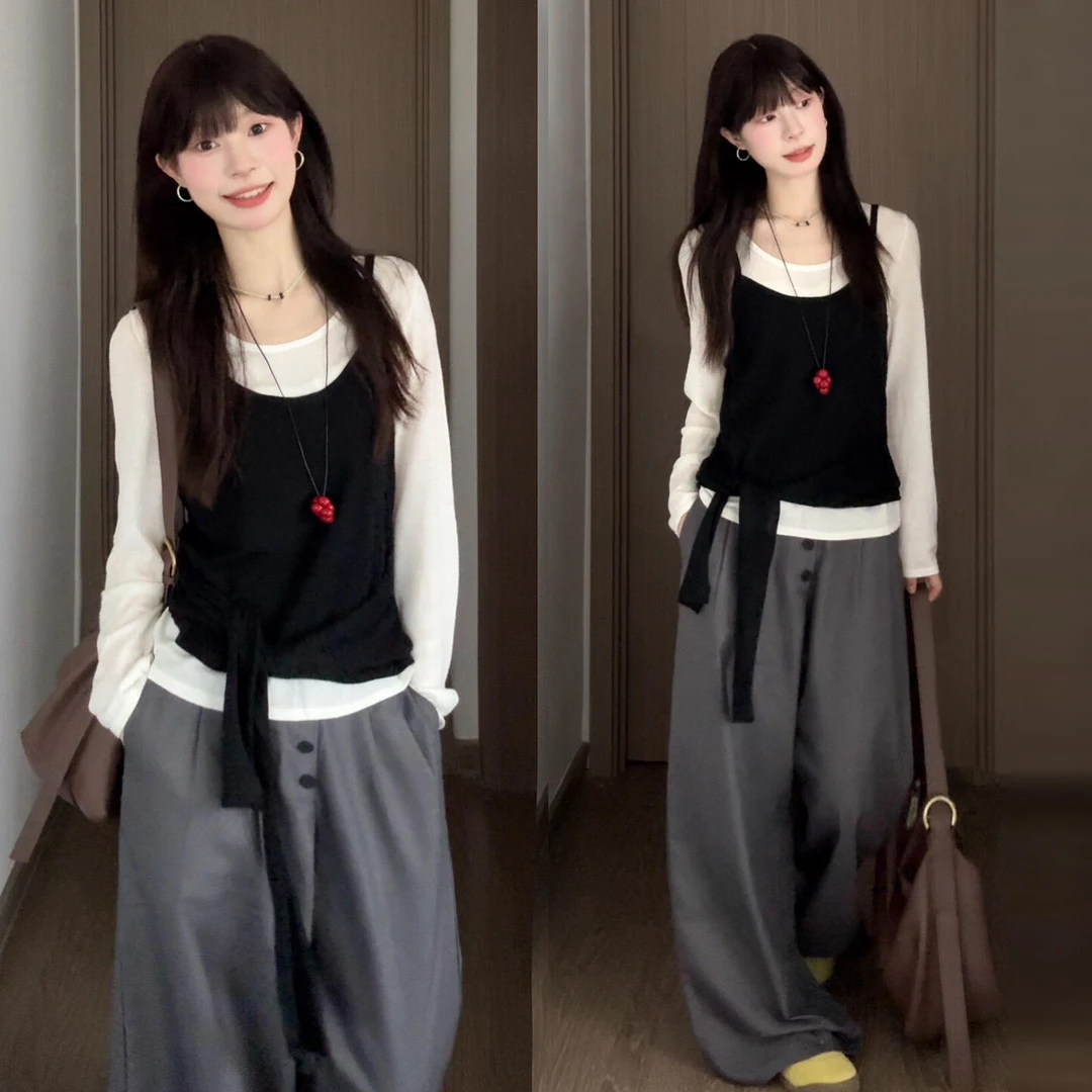 韩系慵懒松弛感上衣早秋穿搭长袖t恤女叠穿背心高级感套装6390