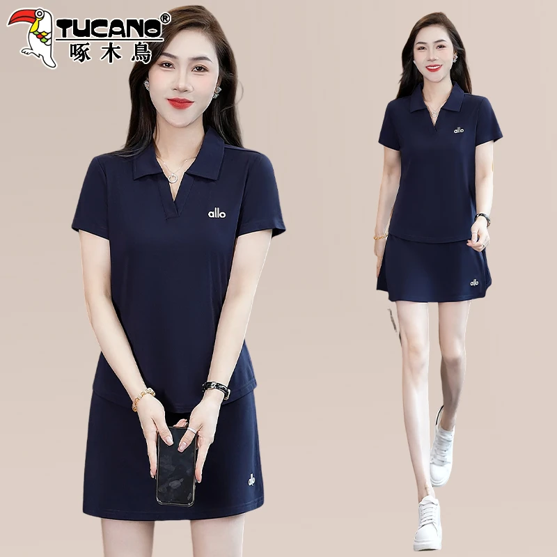 啄木鸟冰丝运动套装女夏季2025新款宽松休闲POLO领短袖裤裙两件套