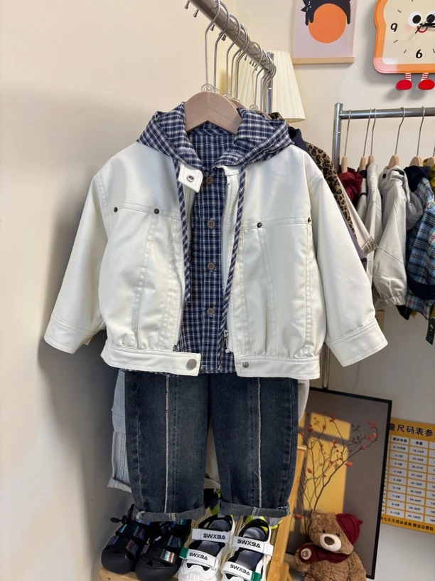 2024新款儿童外套春秋季新品男女宝宝百搭纯色皮夹克短款风皮衣潮