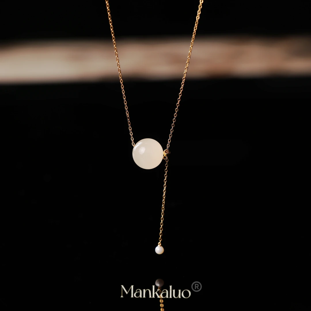 【藕然】天然和田玉野牛沟淡水猫眼藕粉珠抽拉式路路通项链吊坠