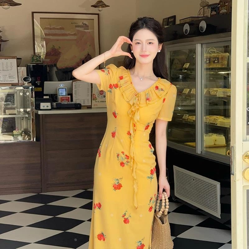 LILI李李家【小黄杏】2025夏新品法式度假风显白黄色碎花鱼尾裙