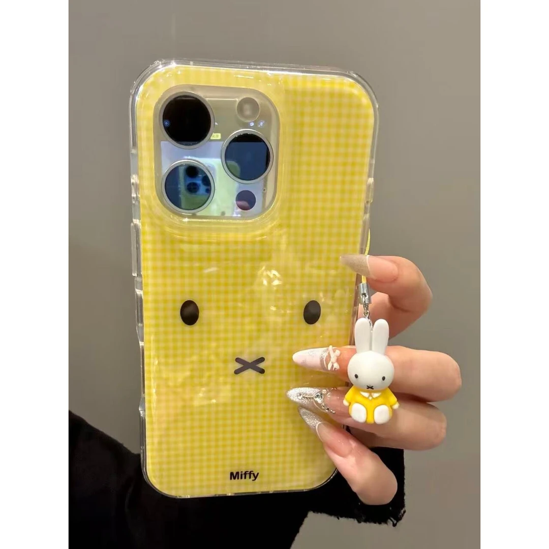 可爱黄色格纹米菲表情手机壳适用苹果15新款iPhone16防摔14双层13