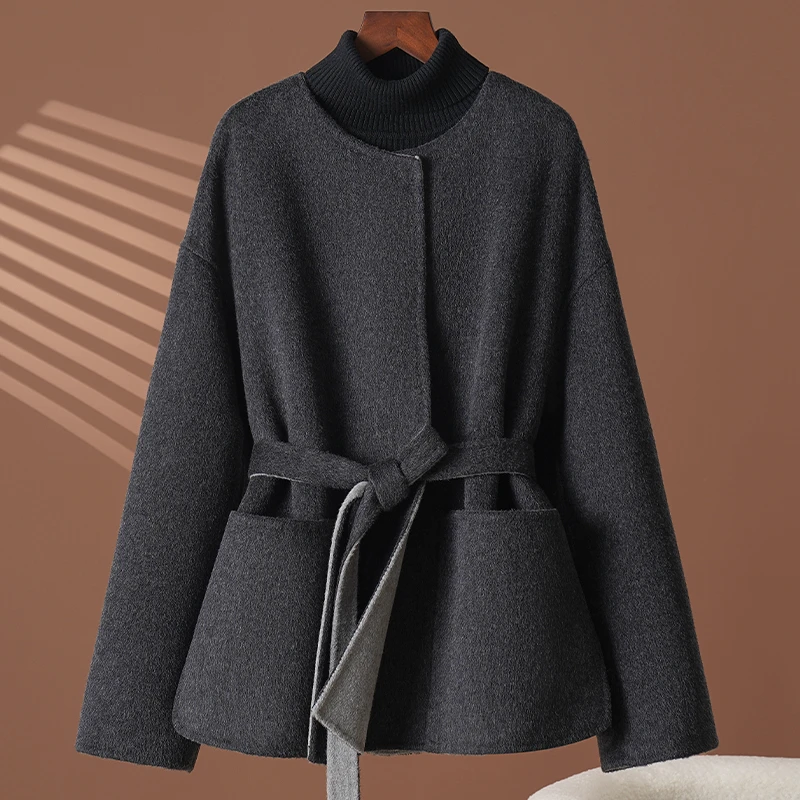 灰色双面羊绒大衣女短款2026新款小个子气质圆领羊毛呢外套高级感