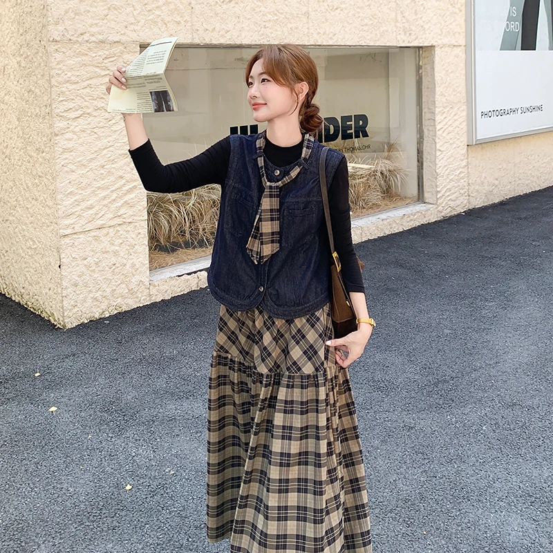 高级感巨好看大方得体韩系穿搭一整ootd牛仔马甲格子半身裙两件套