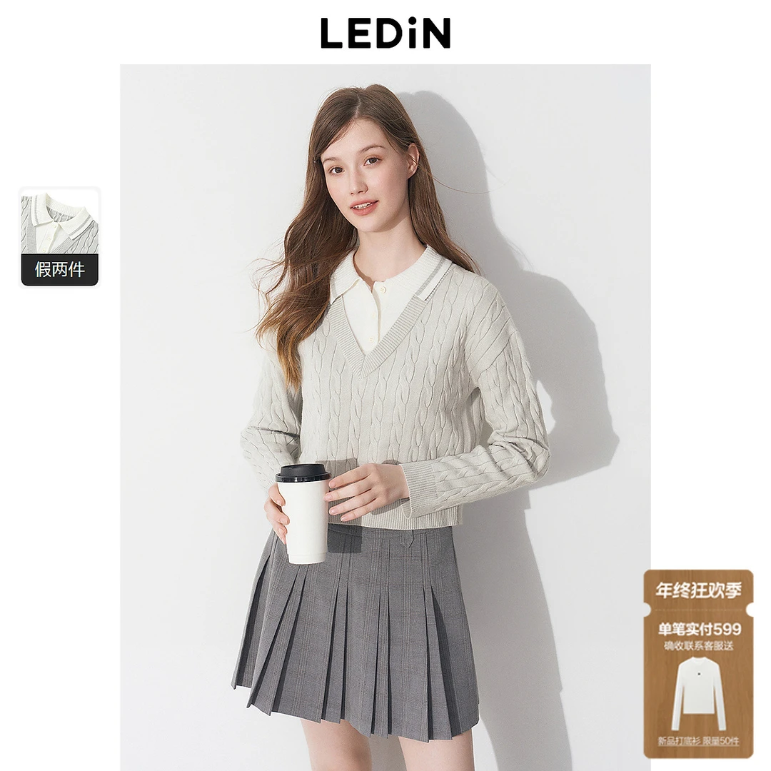 【欧若风】乐町撞色拼接假两件线套衫25年秋季新款宽松短款毛衣