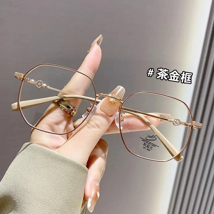 HKZA超轻奶茶色金丝近视眼镜女可配度数多边