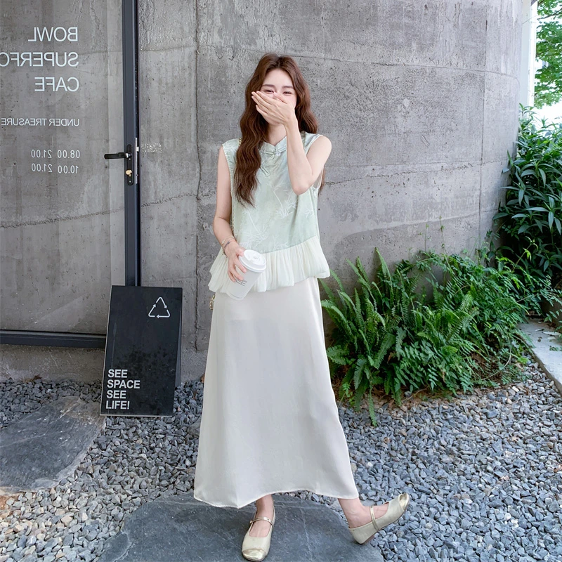 新中式无袖盘扣斜门襟马甲吊带裙2025夏季新款优雅气质国风两件套