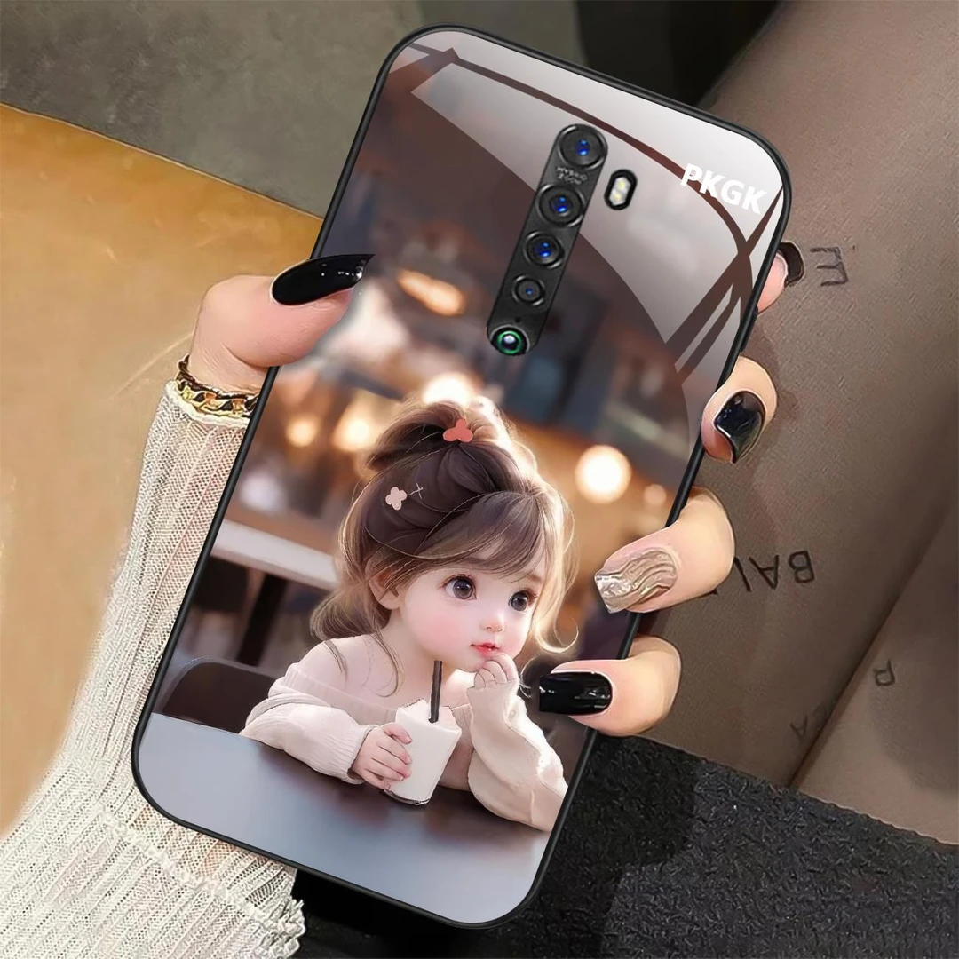 适用【OPPO Reno2】喝茶女孩液态玻璃手机壳 超薄防摔刮 网红时尚