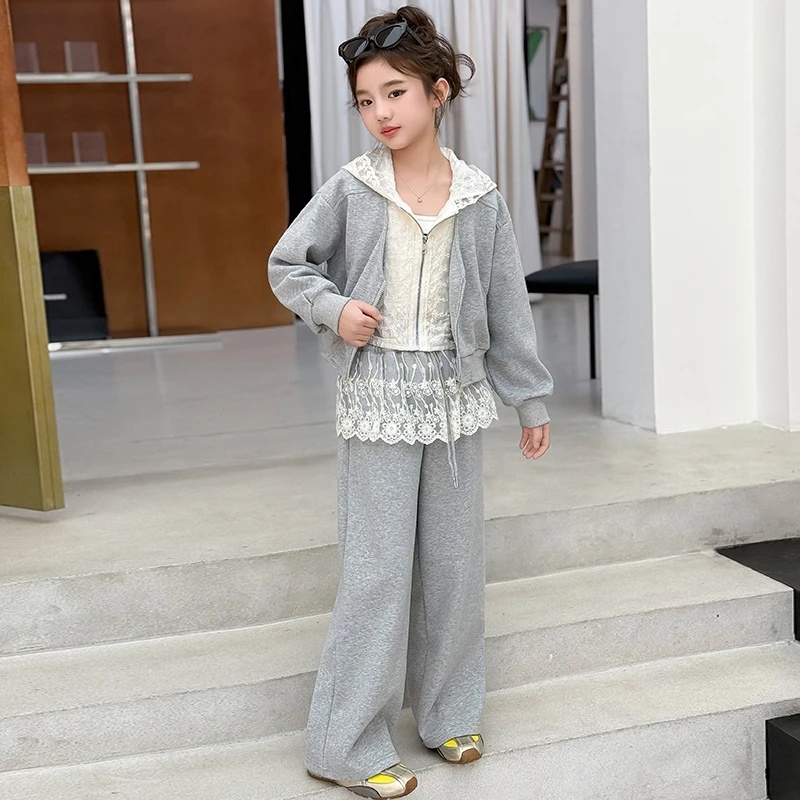 女童韩系运动套装春秋2025新款女大童洋气连帽卫衣早春儿童假两件