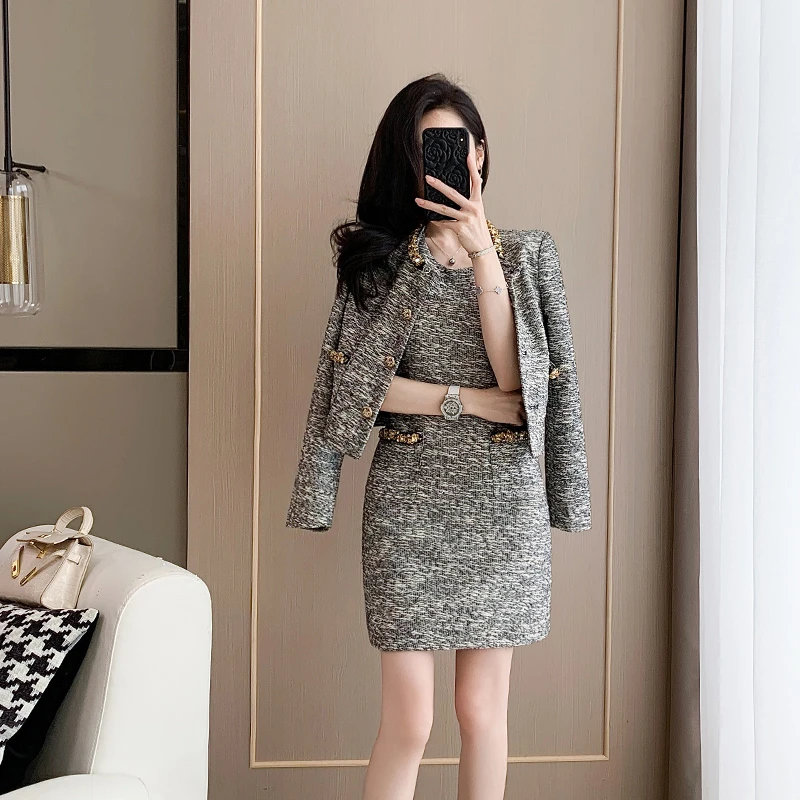 静奢风时尚套装女秋冬季小香风洋气外套背心连衣裙子两件套小个子