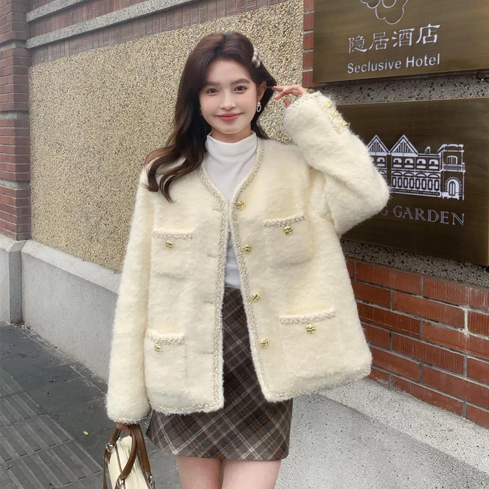 小香风羽绒服女冬季款小个子气质减龄加厚小个子白鸭绒羊羔毛外套