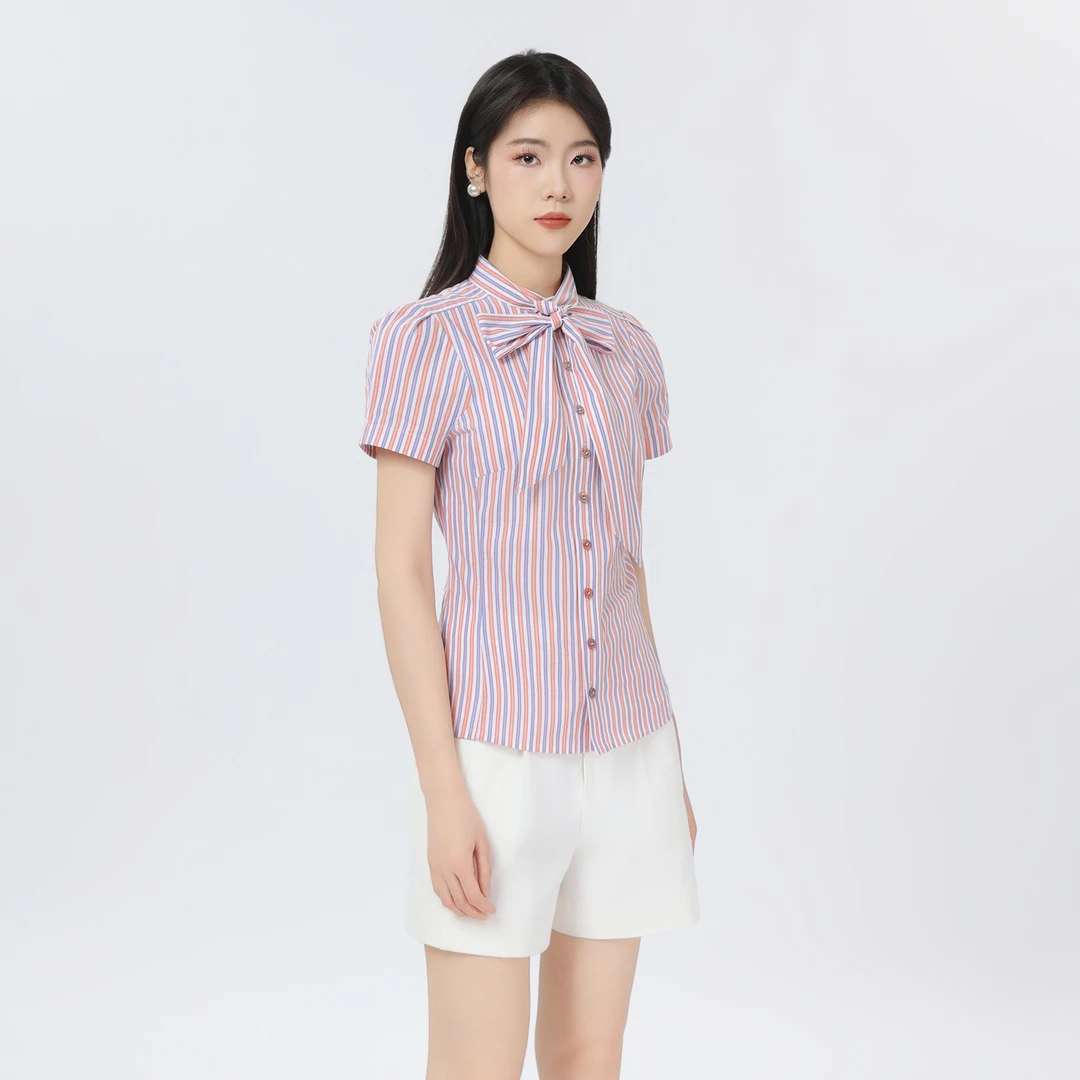 AMASS/阿玛施夏季薄款简约衬衣时尚飘带优雅气质短袖阿玛施衬衣