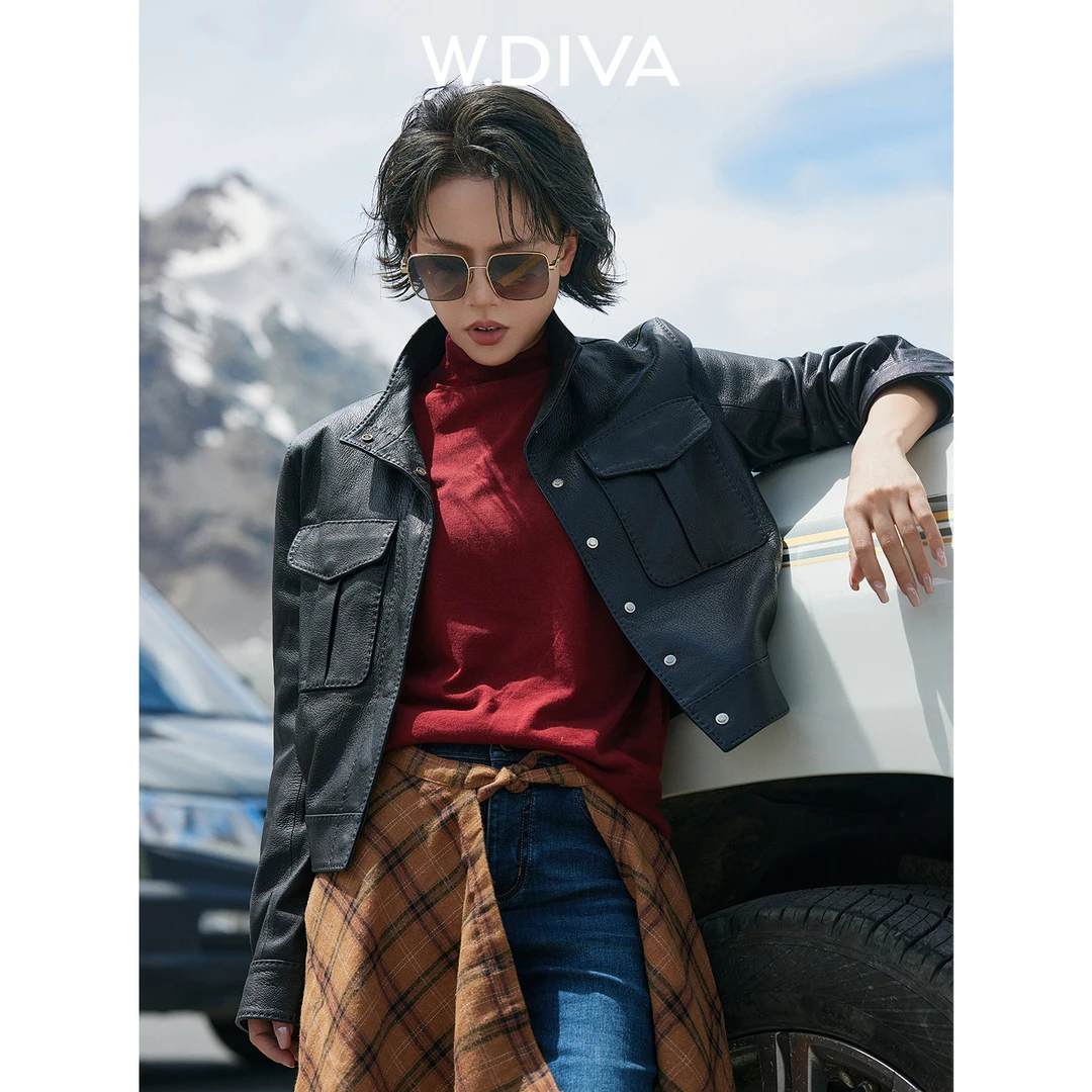 W.Diva【黑序曲】青山羊皮夹克外套复古酷帅风立领排扣女53C152670