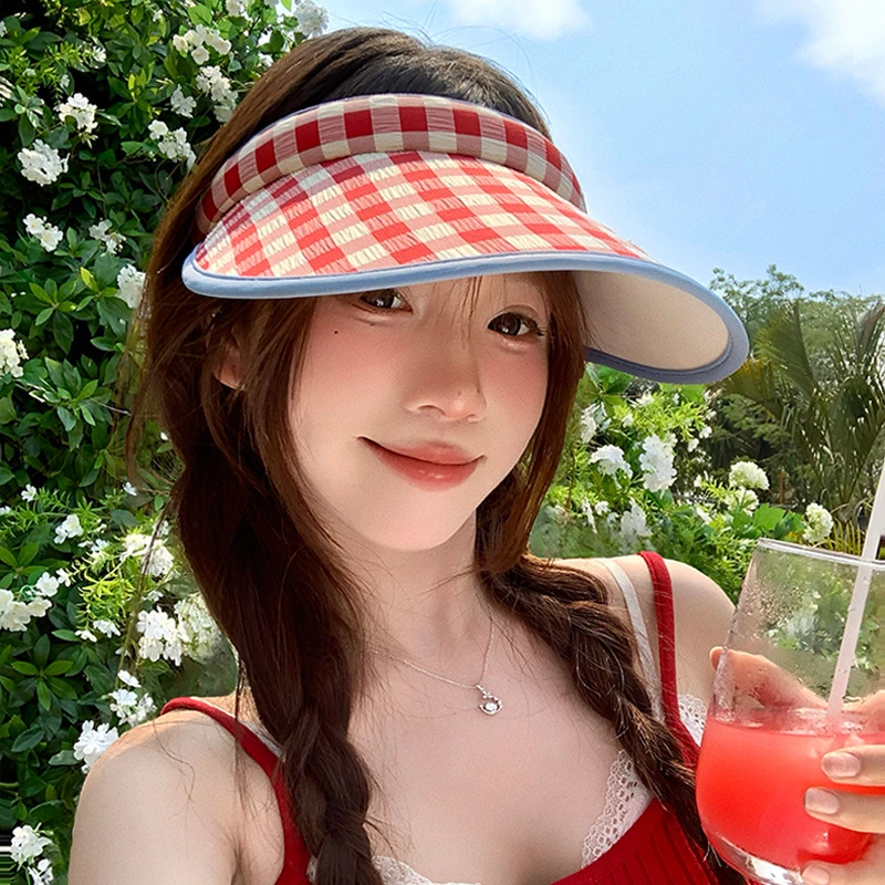 MOSIONDGE25新款复古彩色格子发夹空顶帽女生夏季防晒帽防紫外线