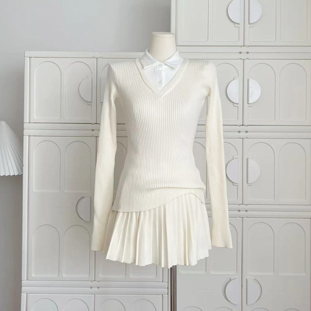 千金学院风 春秋新款假两件针织衫a字半身裙女显瘦韩系气质套装女