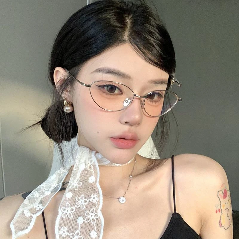 复古金属猫眼纯欲眼镜可配度数女银色清冷高级感素颜防蓝光平光镜