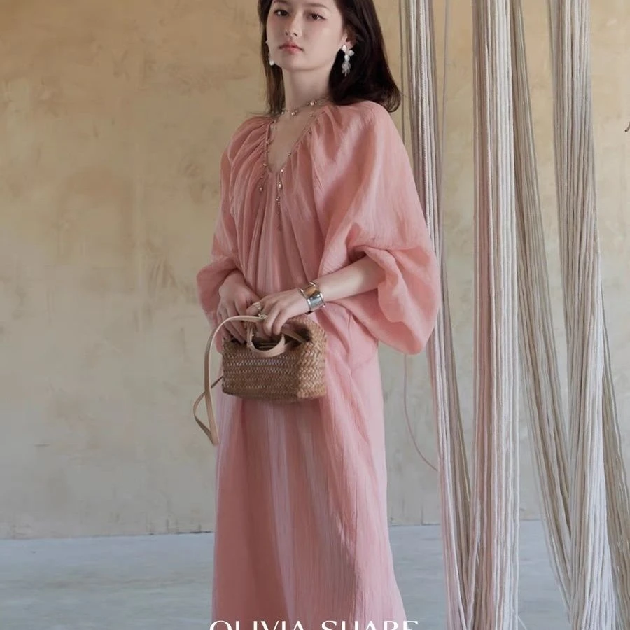 2025夏季新款惊艳清冽苎麻肌理粉色洋气宽松显瘦慵懒连衣裙套装潮