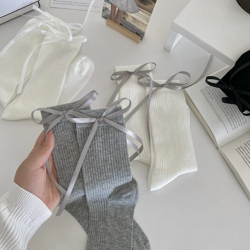 上超仙的丝带蝴蝶结袜子女韩版ins少女薄款网眼透气镂空袜子女