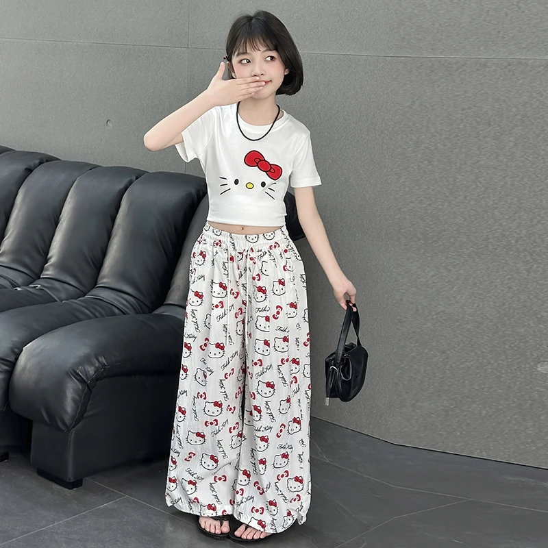女童Hello Kitty套装2025夏季新款儿童KT猫修身短袖T恤阔腿裤薄款