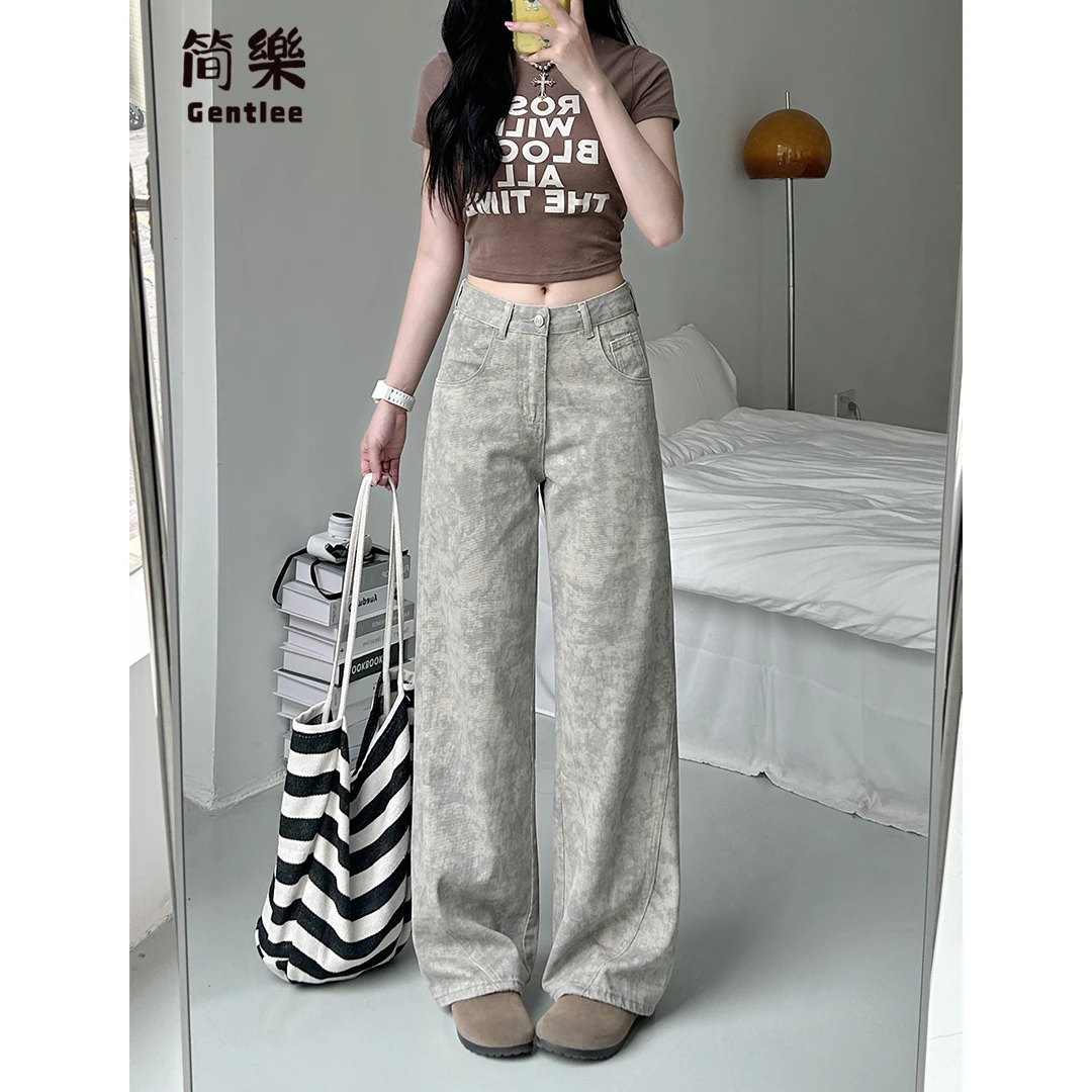 复古高腰灰色阔腿牛仔裤女2025夏季薄款扎染印花高腰宽松直筒裤子