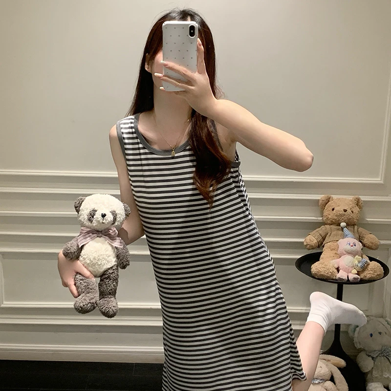 夏季新款莫代尔睡裙女学生可爱条纹无袖背心连衣裙休闲宽松家居服