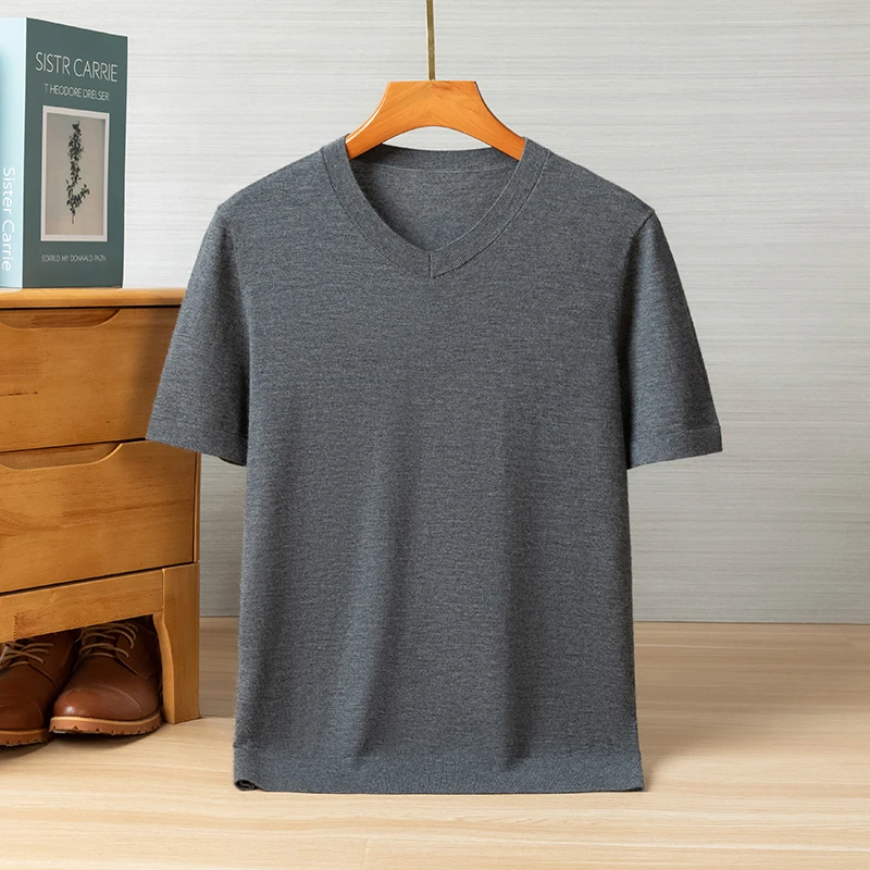 可机洗】男士V领精纺薄款短袖时尚桃领T恤上衣衫夏季半袖针织百搭