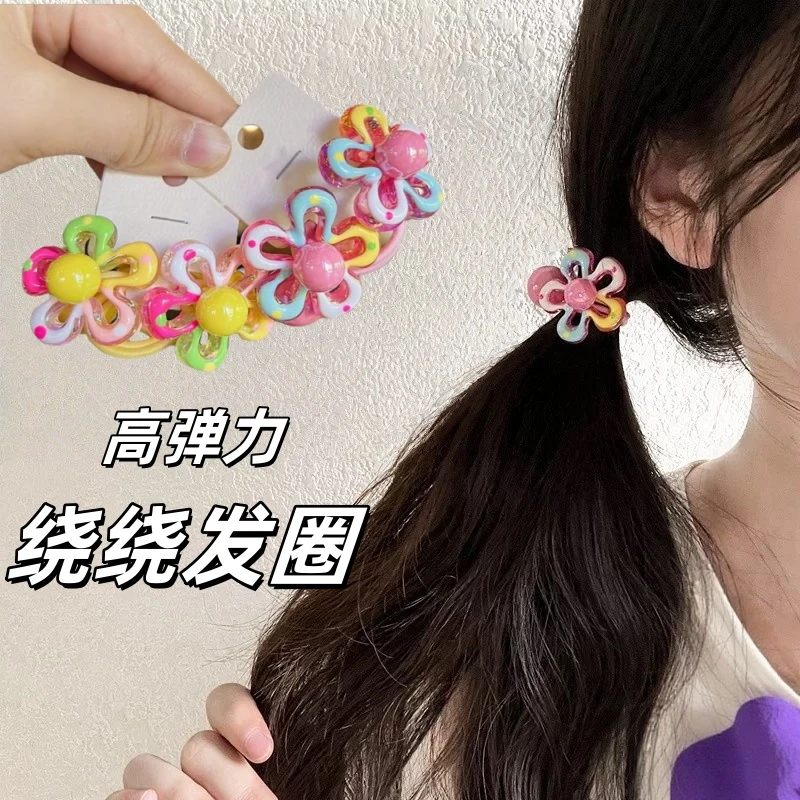 韩版卡通花朵公主头绳发圈彩色珠珠马尾绕绕可爱发绳儿童发饰皮筋