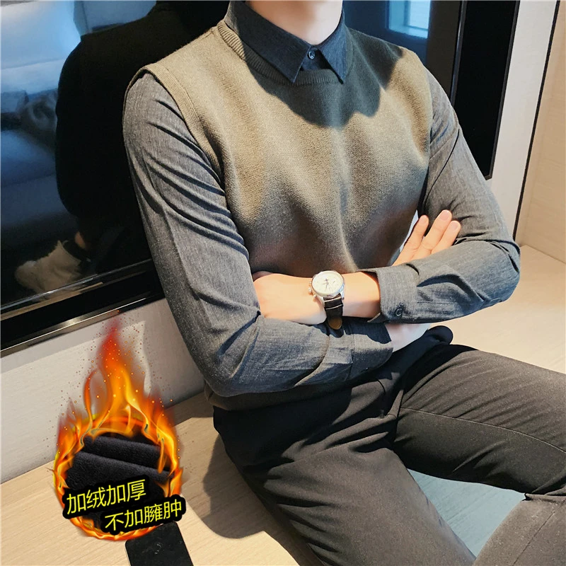 冬季保暖加绒针织衫男轻商务雅痞帅气磨毛衬衫拼接线衣打底衫防寒