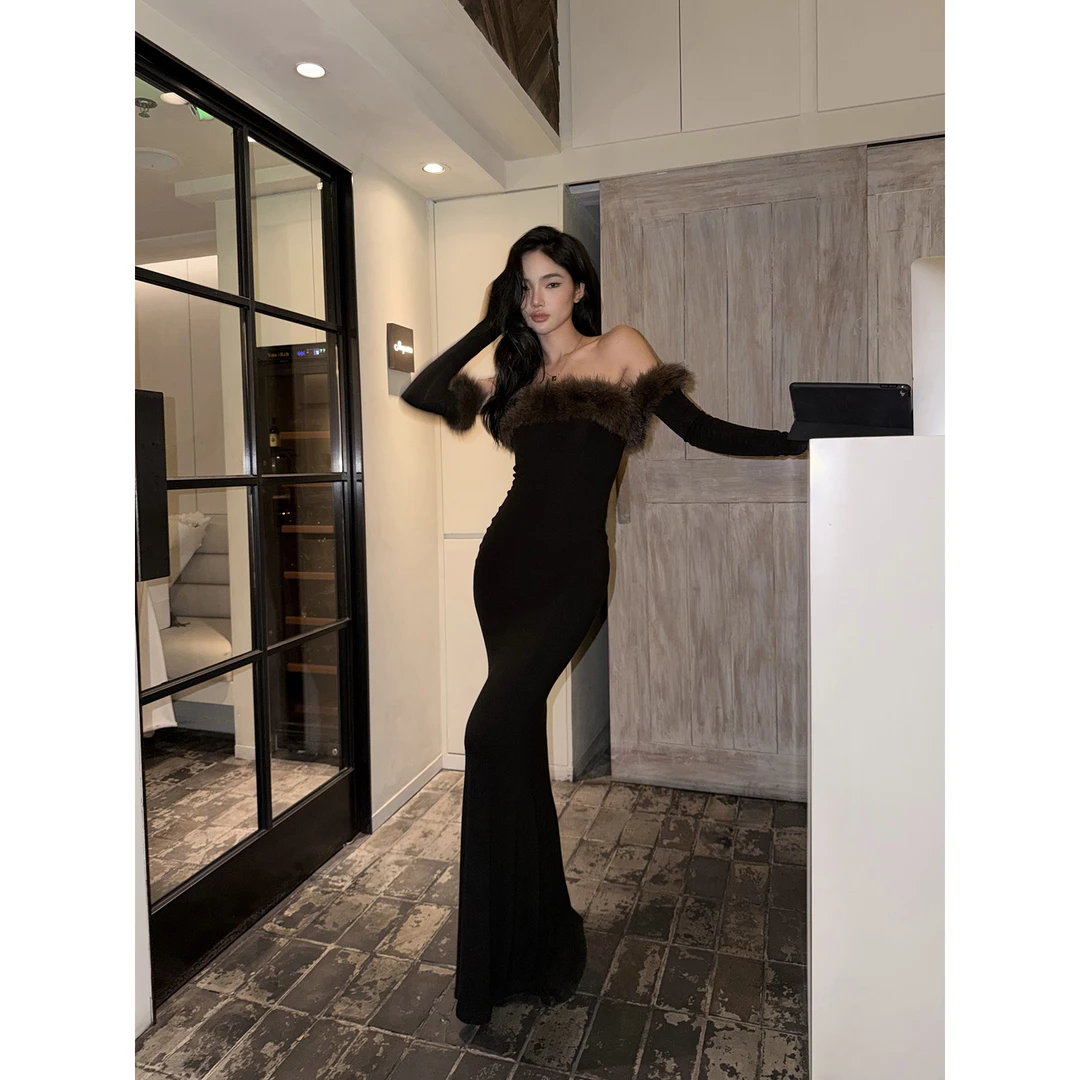 rovente 御辣曲线黑色毛领抹胸连衣裙女长袖修身收腰生日礼服长裙