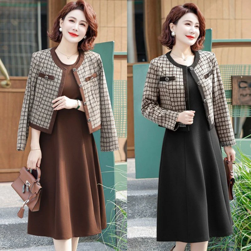 高档洋气妈妈春秋装连衣裙套装小香风中老年人女装外套时尚两件套