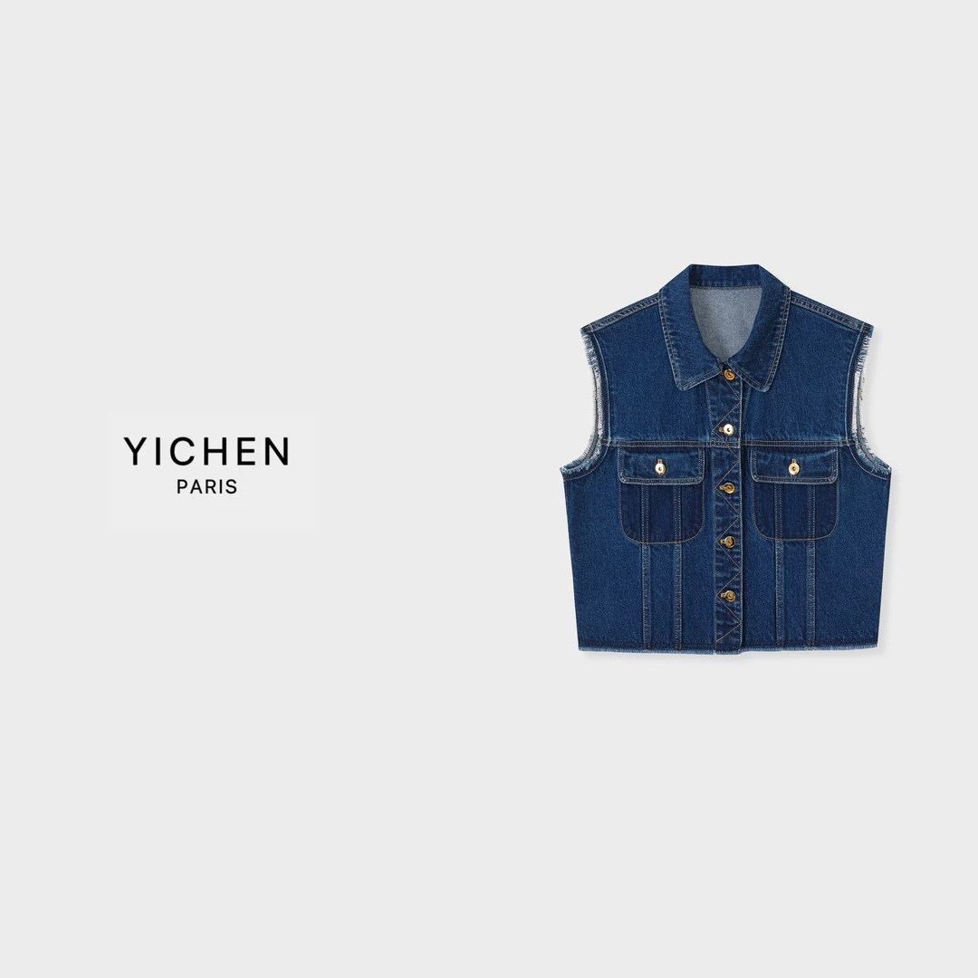 YC 流苏做旧深蓝色拼皮翻领单排扣宽松无袖牛仔马甲-1655