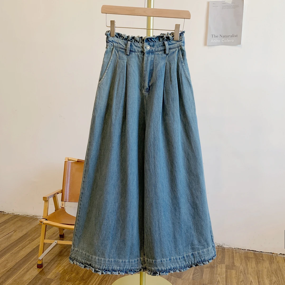 木耳裤-牛仔Y2696木耳边半松紧腰牛仔阔腿裤