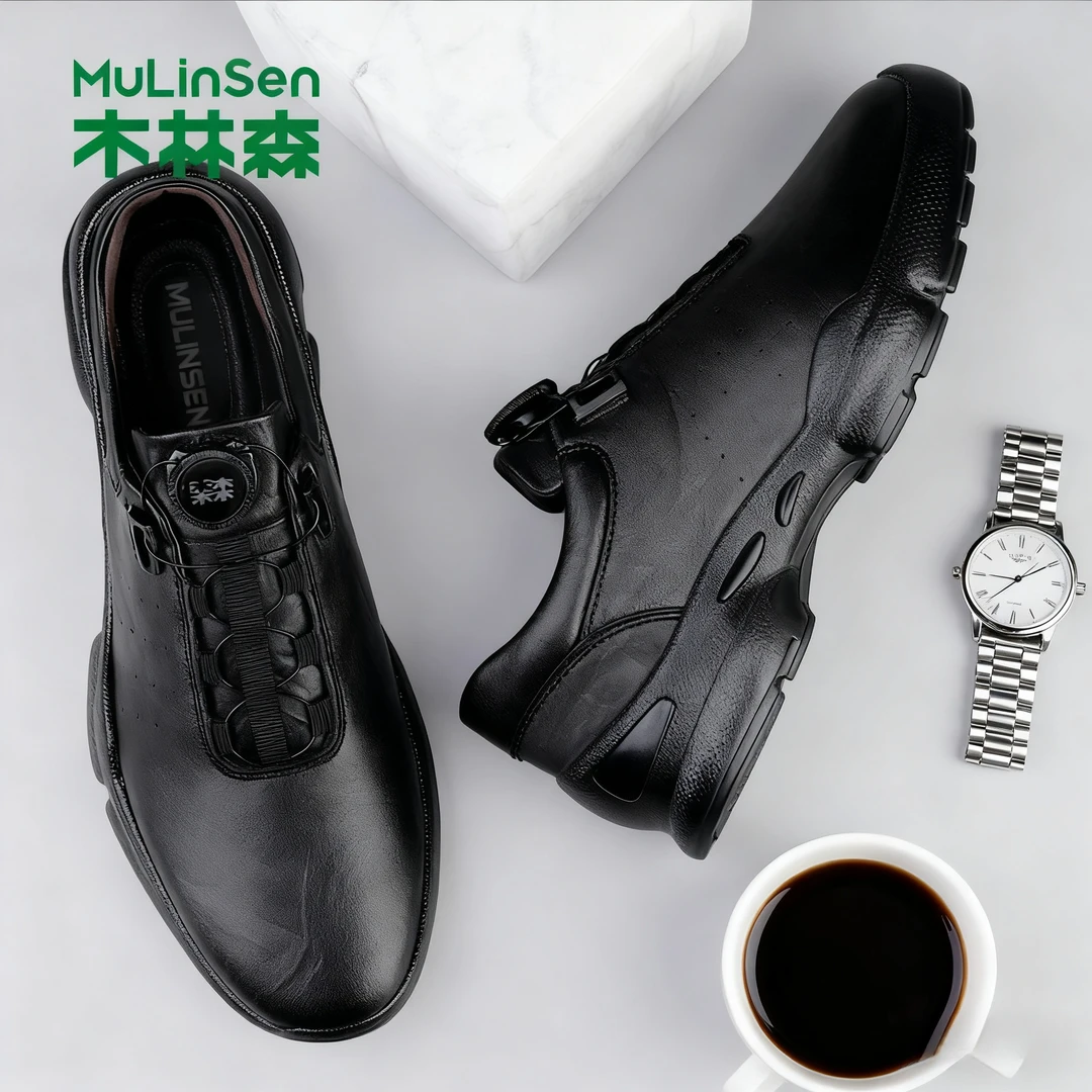 木林森黑色运动男士真皮厚底皮鞋软面软底正装复古2025爸爸鞋