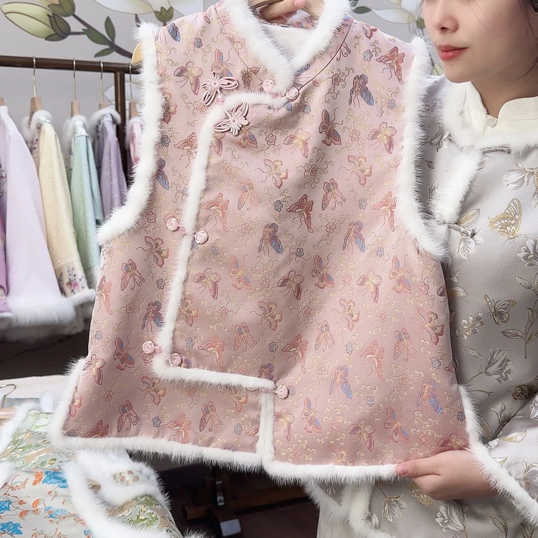 刺绣5号 宋锦棉衣马甲粉色