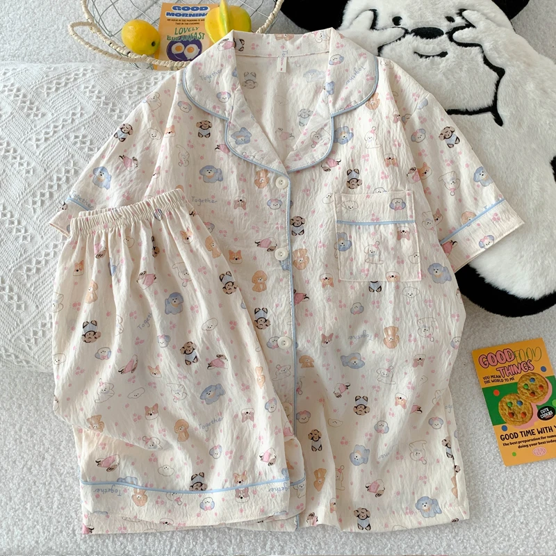 睡衣女夏季可爱小狗云朵棉短袖短裤网红ins学生家居服套装可外穿