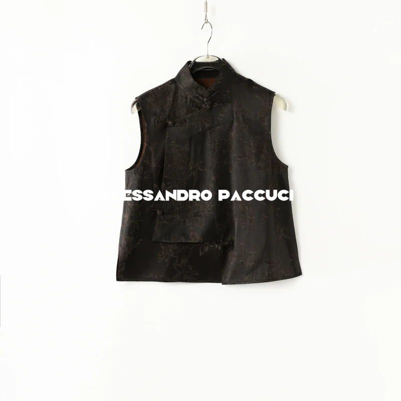 AP洛哥51004MJ【黑标/竹间鸟鸣】桑蚕丝提花新中式国风立领盘扣马甲