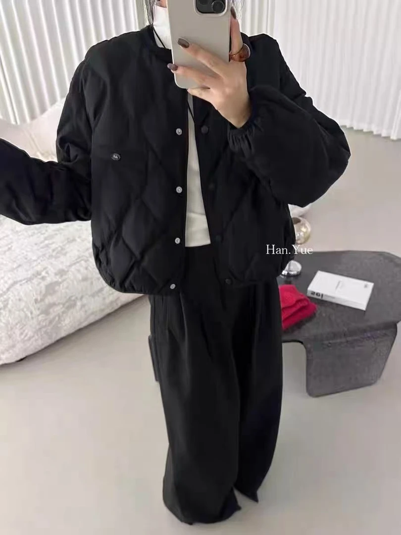 那简家【现货】66冬季简约韩系百搭领口拼针织菱格羽绒服外套