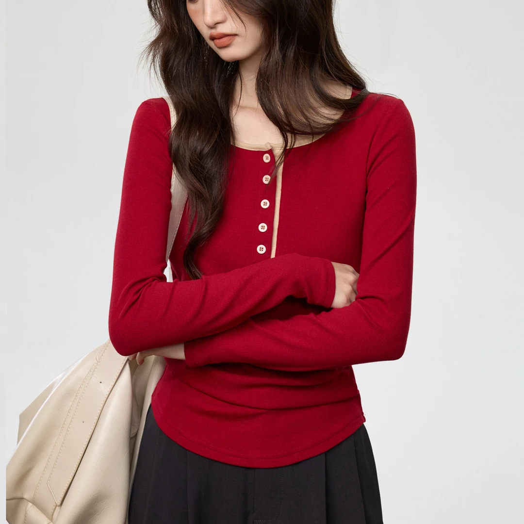 春秋撞色网红红色2025早秋女装合身上衣新款纽扣秋季褶皱中袖正肩